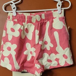 Pink Floral Jean Shorts with Elastic Waist